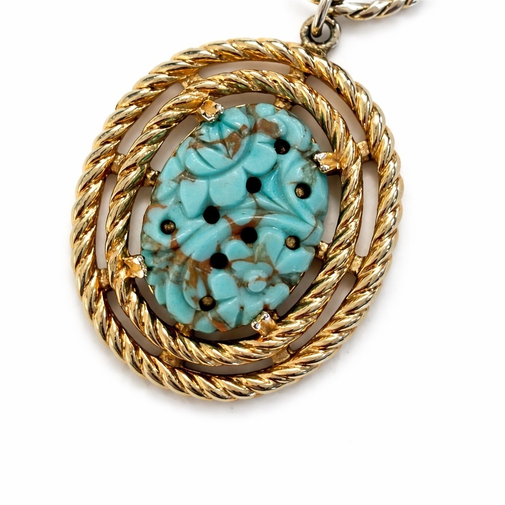 Gold-Tone Pendant Necklace with Turquoise Floral Cabochon